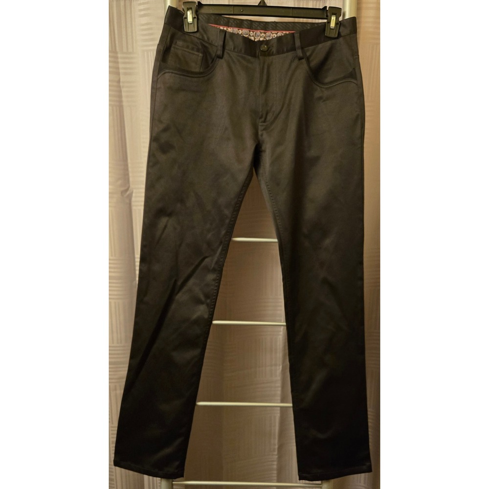 Barabas Mens Black Sateen Straight Leg Pants Mesh Detail Paisley Trim Trousers